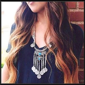 Clearance! NEW LONG SILVER BOHO GYPSY SOUTHWEST HIPPIE TURQUOISE COIN NECKLACE